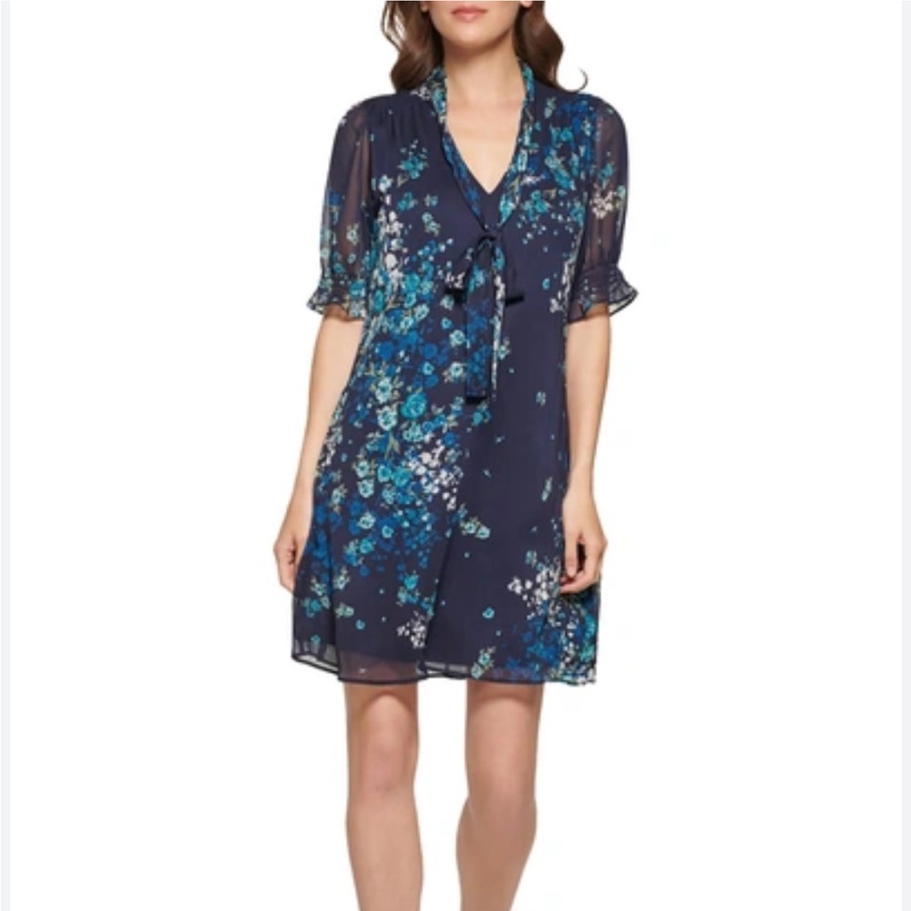 DYNY Blue CHIFFON FLORAL SHIFT DRESS NWT
